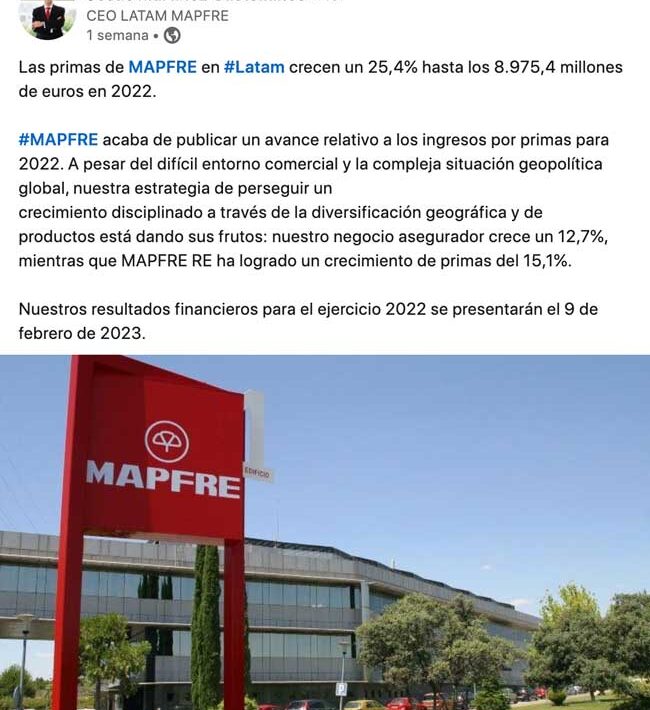 Las primas de MAPFRE en Latam crecen un 25,4% hasta los 8.975,4 millones de euros en 2022